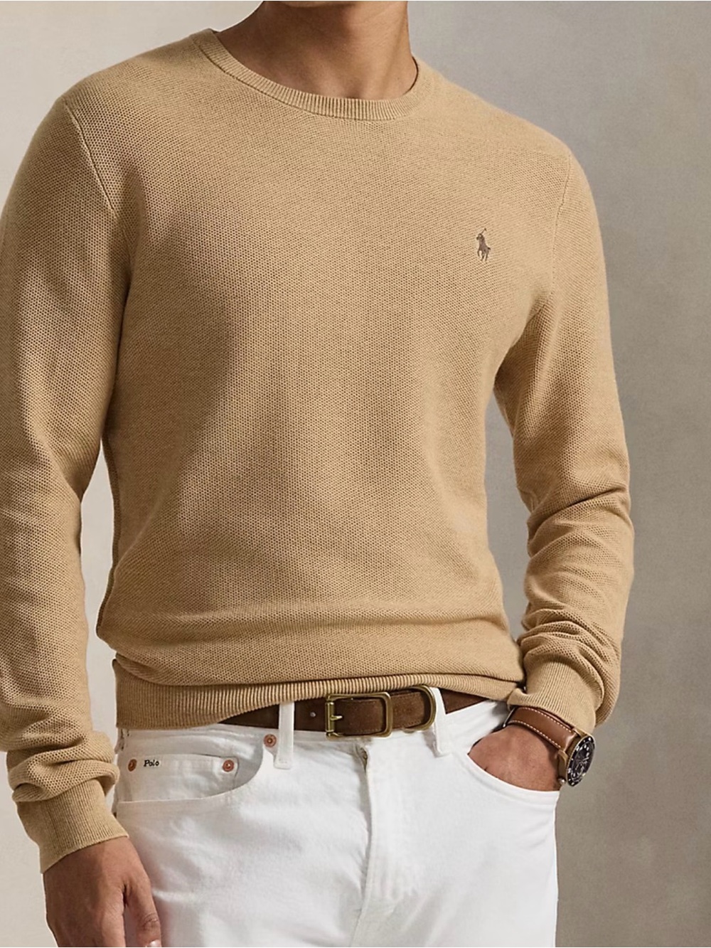 Polo Ralph Lauren Men Crewneck Sweater Mesh-Knit Cotton Tan Camel Large Pony